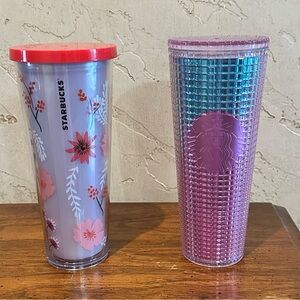 2 Starbucks Tumblers- 2021 Pink & Blue Grid and Quetzal Bird Floral  no straws